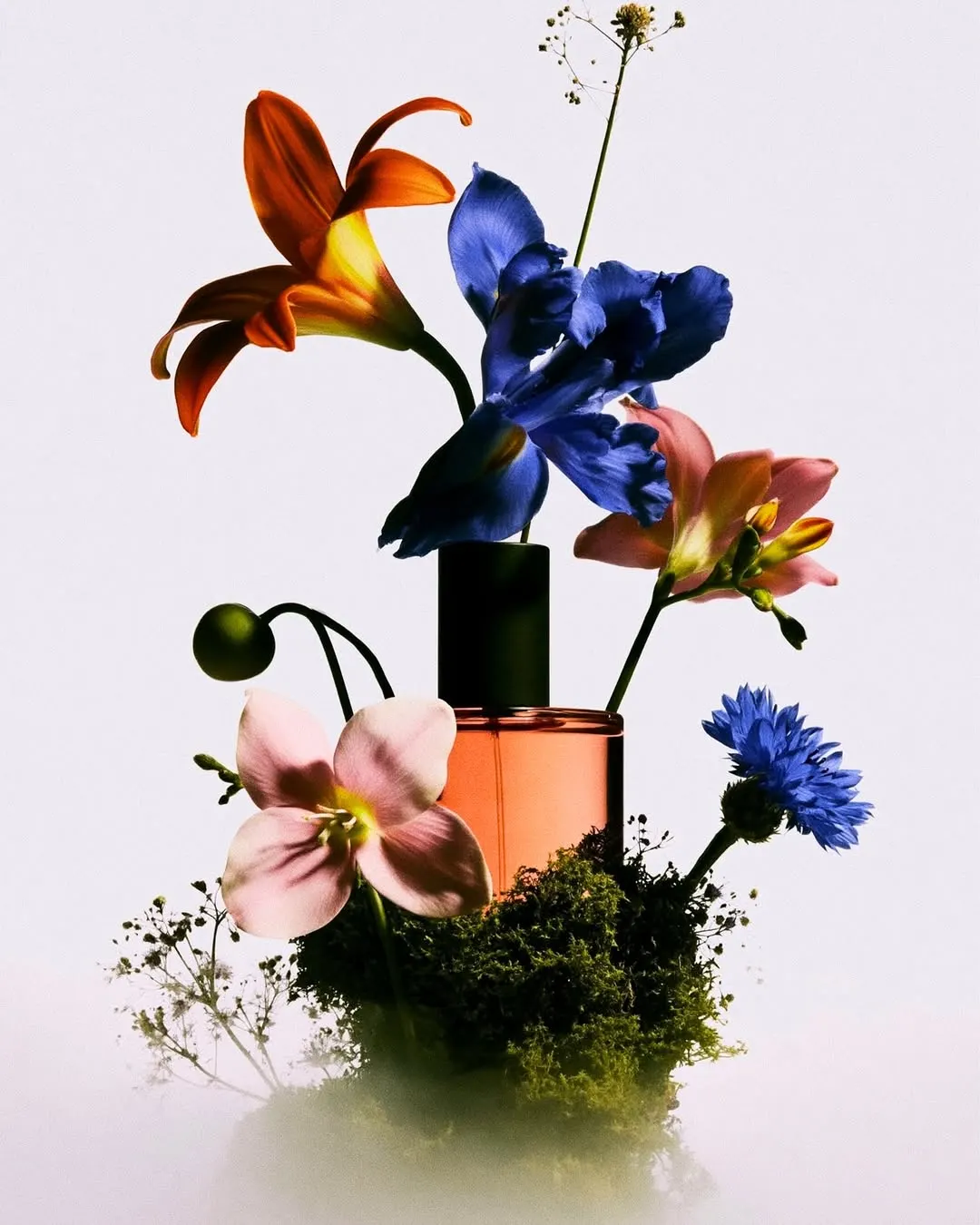 Perfume bottle among orange poppies and blue flowers on a pastel pink ground